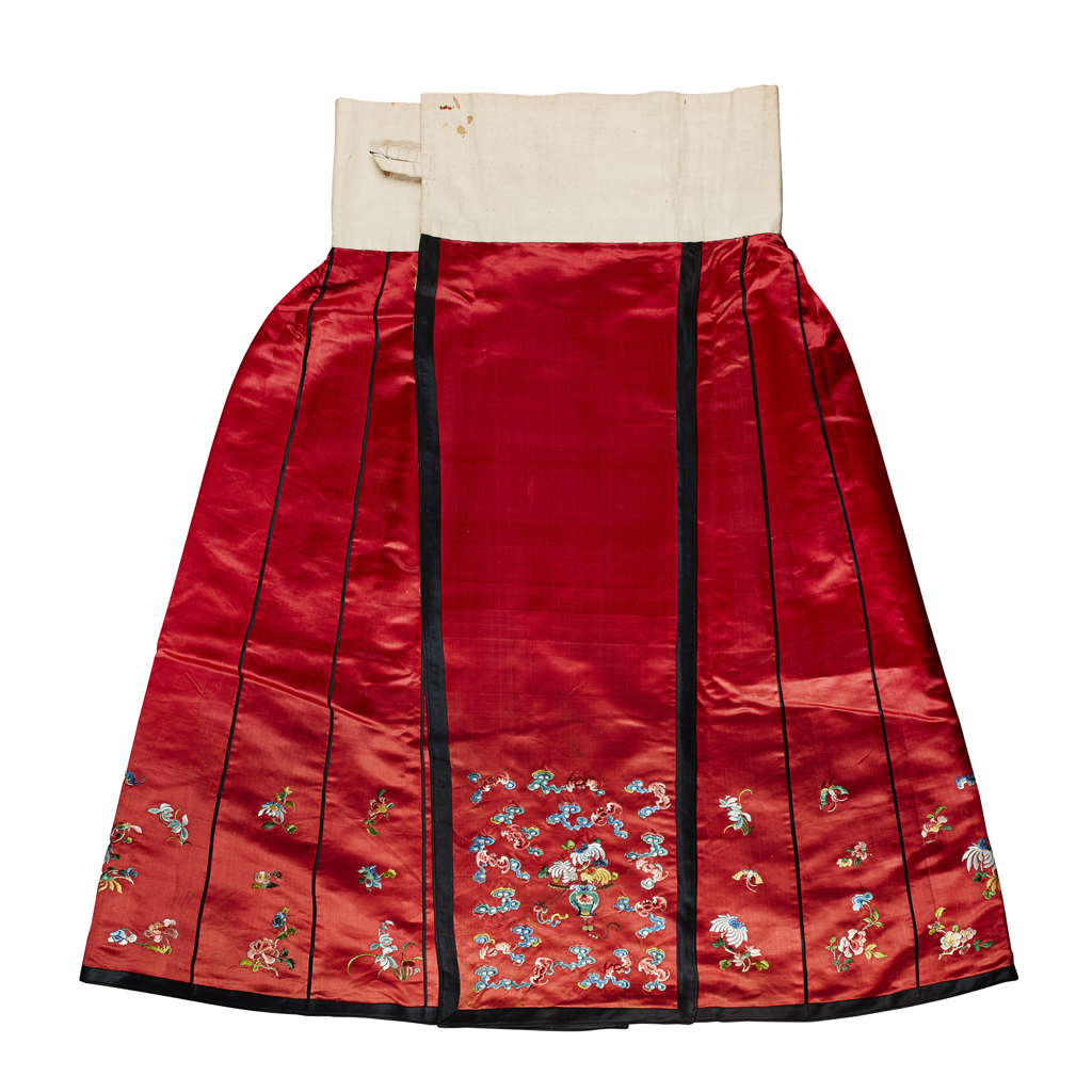 Appraisal: RED SILK SKIRT QING DYNASTY TH CENTURY embroidered in satin