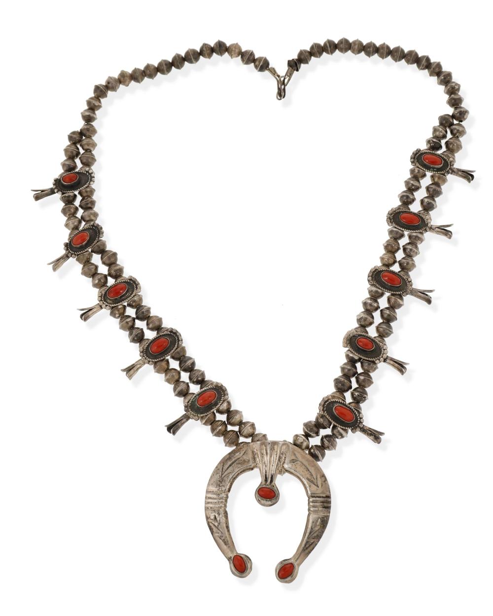 Appraisal: A Southwest coral and silver squash blossom necklace Mid- th