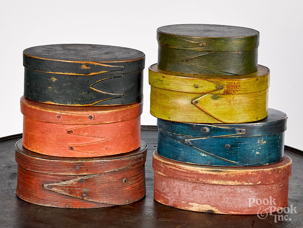 Appraisal: Seven painted bentwood boxes Seven painted bentwood boxes th c