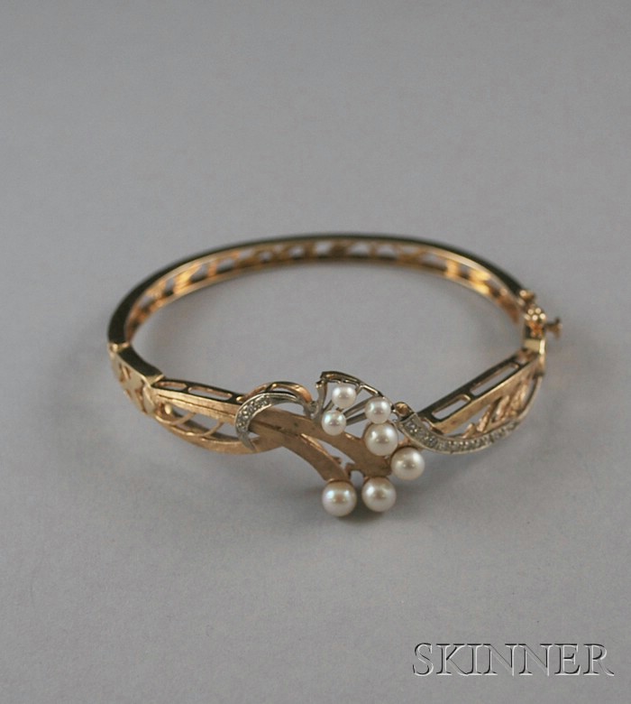 Appraisal: kt Gold Pearl and Diamond Bangle Bracelet interior circ in