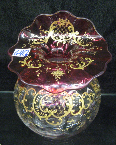 Appraisal: MOSER GLASSWORKS CRANBERRY TO CLEAR JACK-IN-THE-PULPIT VASE heavy gold enameling