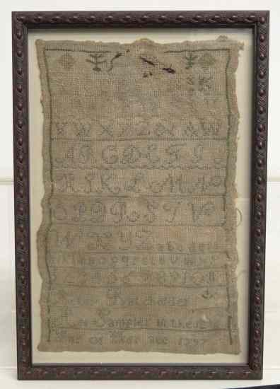 Appraisal: th c needlework sampler having alphabet and name 'Betsy Batchelder