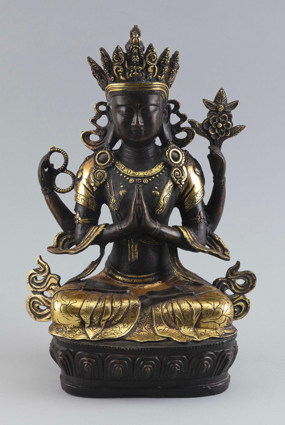 Appraisal: TIBETAN GILT-BRONZE FIGURE OF THE FOUR-ARMED AVALOKITESHVARA CHENREZIG LATE TH