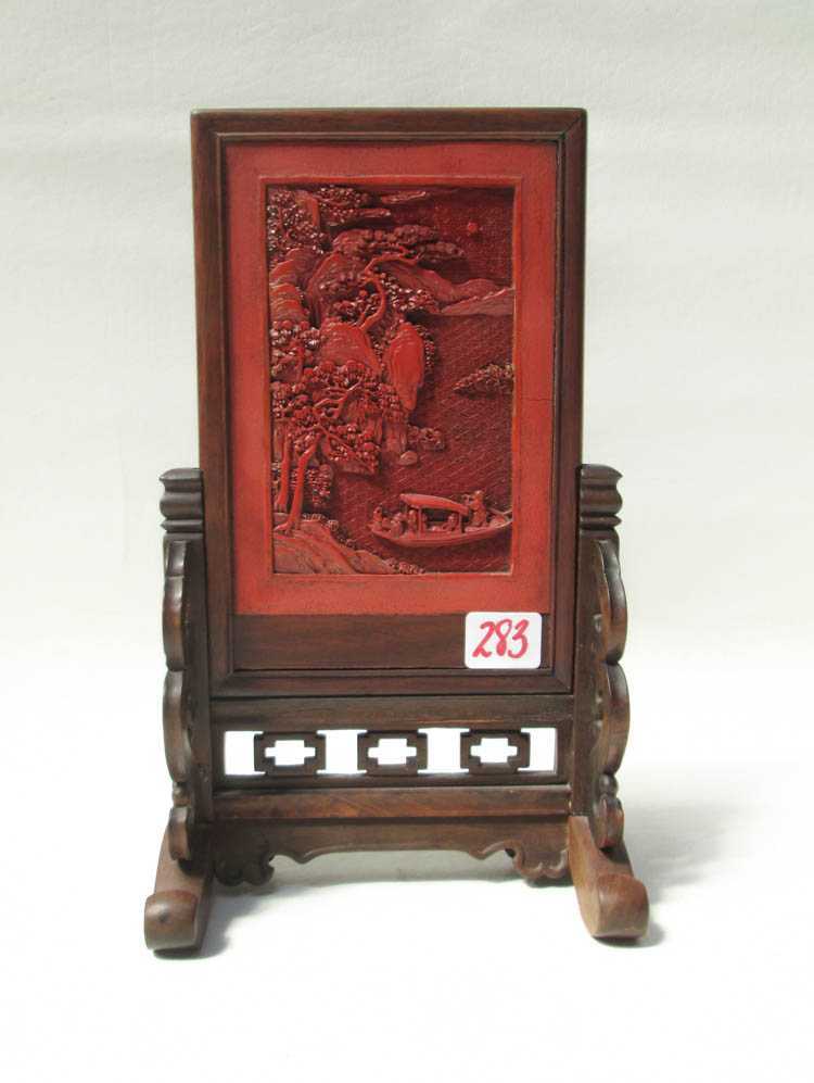 Appraisal: CHINESE CINNABAR STYLE TABLE SCREEN single sided cinnabar style tablet