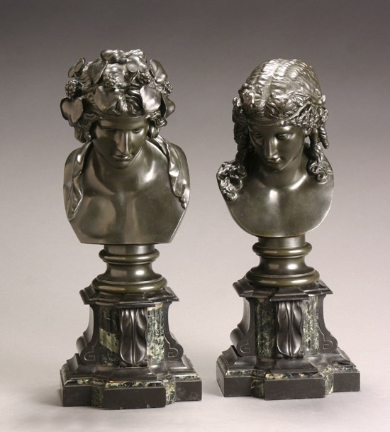 Appraisal: Pair of French Bronze Mythological Busts of Bacchus and Ariadne