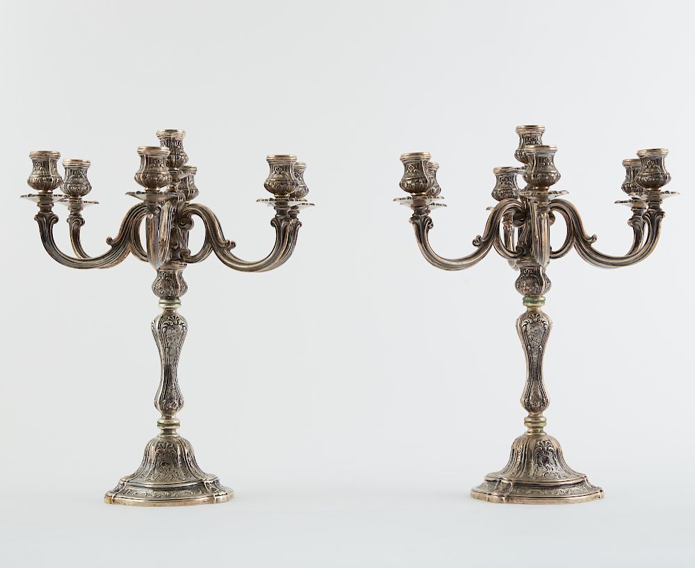 Appraisal: Pair Silver Italian Candelabras Pair of silver Italian candelabra c