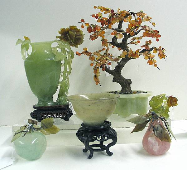 Appraisal: Six hardstone decorations Including a covered vase with bird and