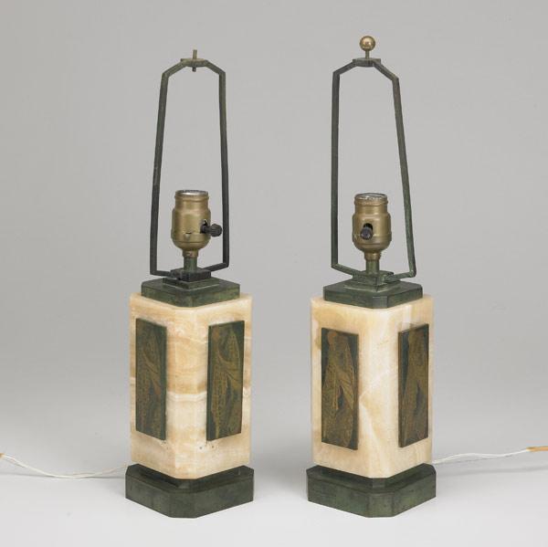 Appraisal: ART DECO LAMPS Pair of bronze and marble lamps Signed