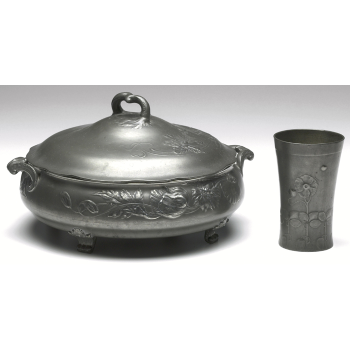 Appraisal: Kayserzinn soup tureen hammered pewter with elaborate poppy and insect