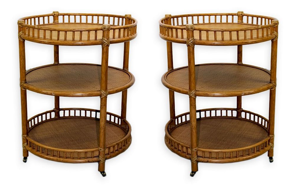 Appraisal: McGuire Modern Rattan Drum Tiered Round Table Pair of contemporary