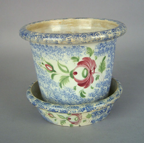 Appraisal: Blue spatter flower pot and undertray th c with Adams