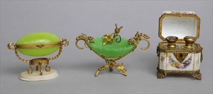 Appraisal: TWO FRENCH GILT-METAL MOUNTED GREEN GLASS ARTICLES AND A GILT-METAL