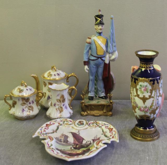 Appraisal: Lot of Assorted European Porcelains Soldier Concorde tea set bronze