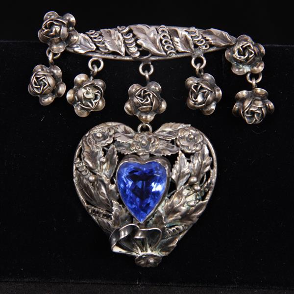 Appraisal: Italian Florentine Sterling Silver Heart Roses Dangle Filigree Brooch Pin