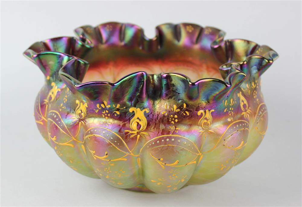 Appraisal: CONTINENTAL ENAMELED IRIDESCENT GLASS BOWL late th Century perhaps Austrian