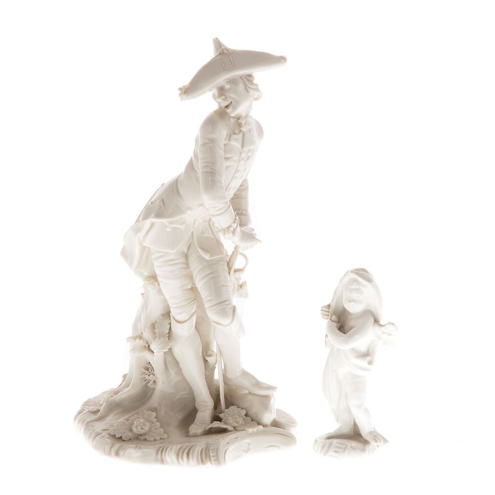 Appraisal: Two German white porcelain figures Nymphenburg figure of soldier in