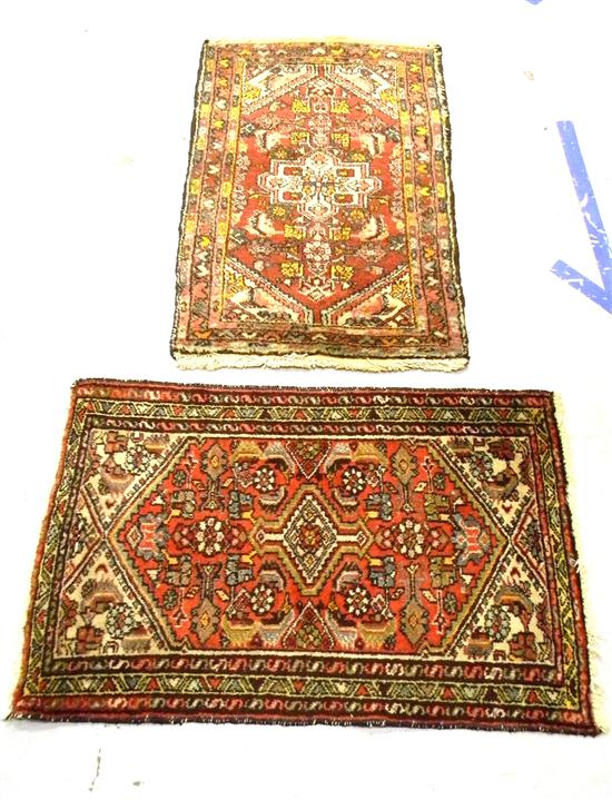 Appraisal: Two semi-antique Persian Hamadan scatter rugs both with center medallions