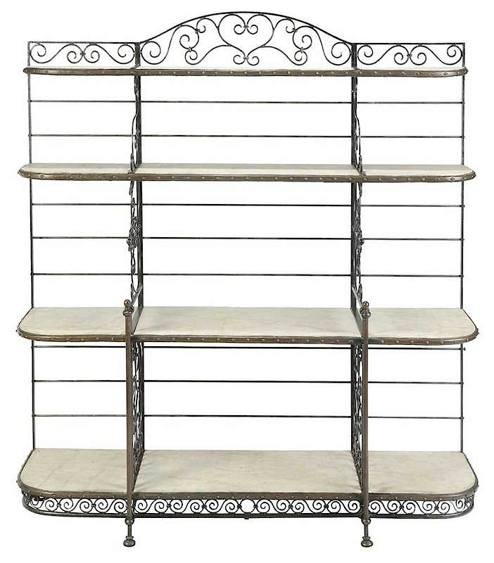 Appraisal: Vintage Iron Brass-Mounted Baker's Rack th century four-tiered shelf with