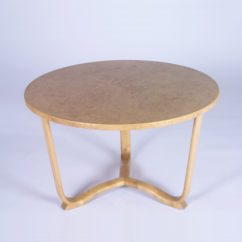 Appraisal: SWEDISH Occasional table with burlwood veneer top on sculptural three-legged