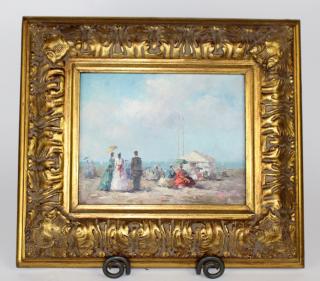 Appraisal: Oil on board of a French beach scene Oil on