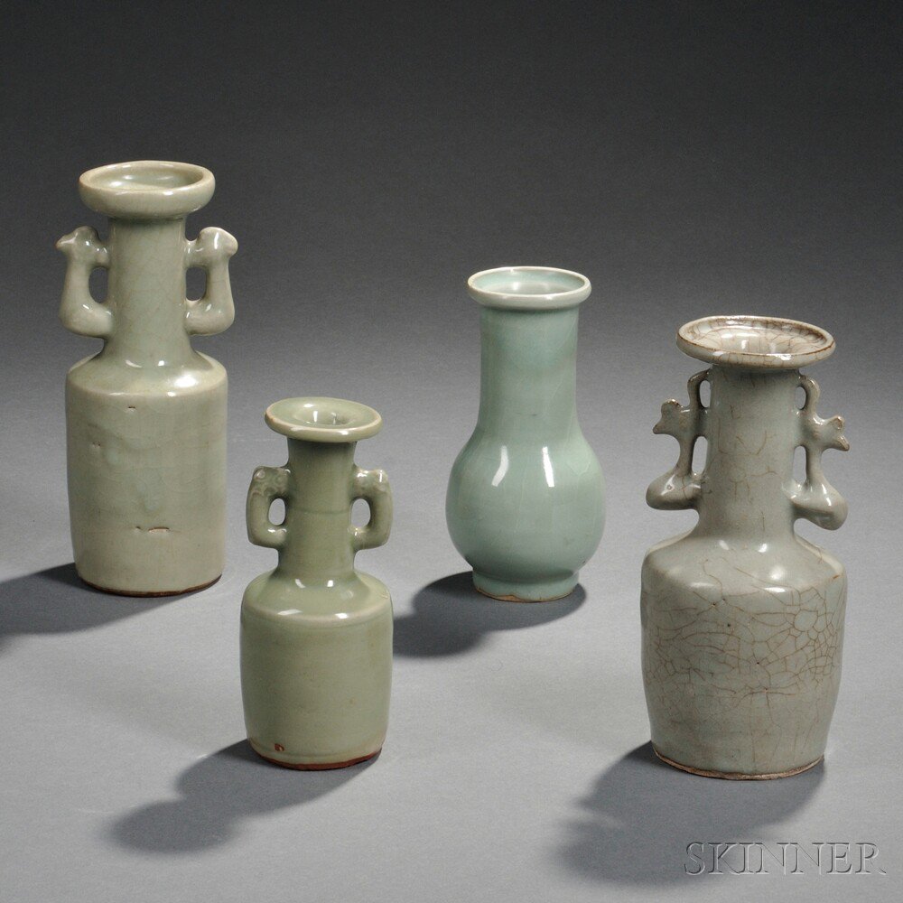 Appraisal: Four Longquan Celadon Vases China Song Dynasty style three mallet-shaped