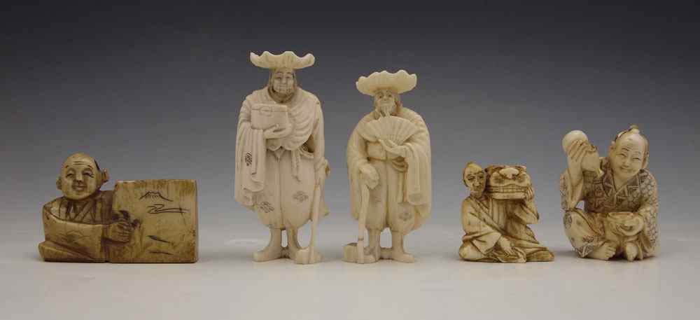 Appraisal: PIECE CARVED IVORY FIGURES NETSUKE To include Distinguished man with