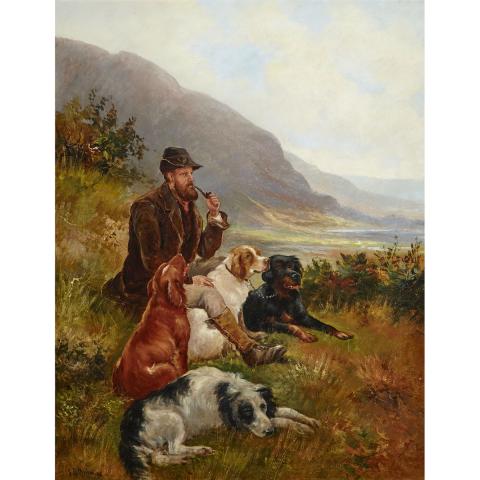 Appraisal: J D Morris th Century RESTING HUNTER WITH HIS DOGS