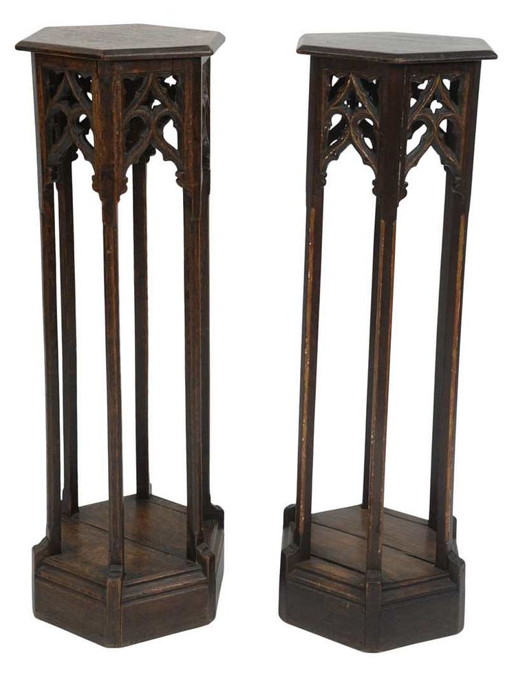 Appraisal: Pair of Gothic Style Oak Pedestals with six sided top