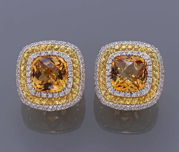 Appraisal: A pair of citrine diamond and yellow sapphire earrings estimated