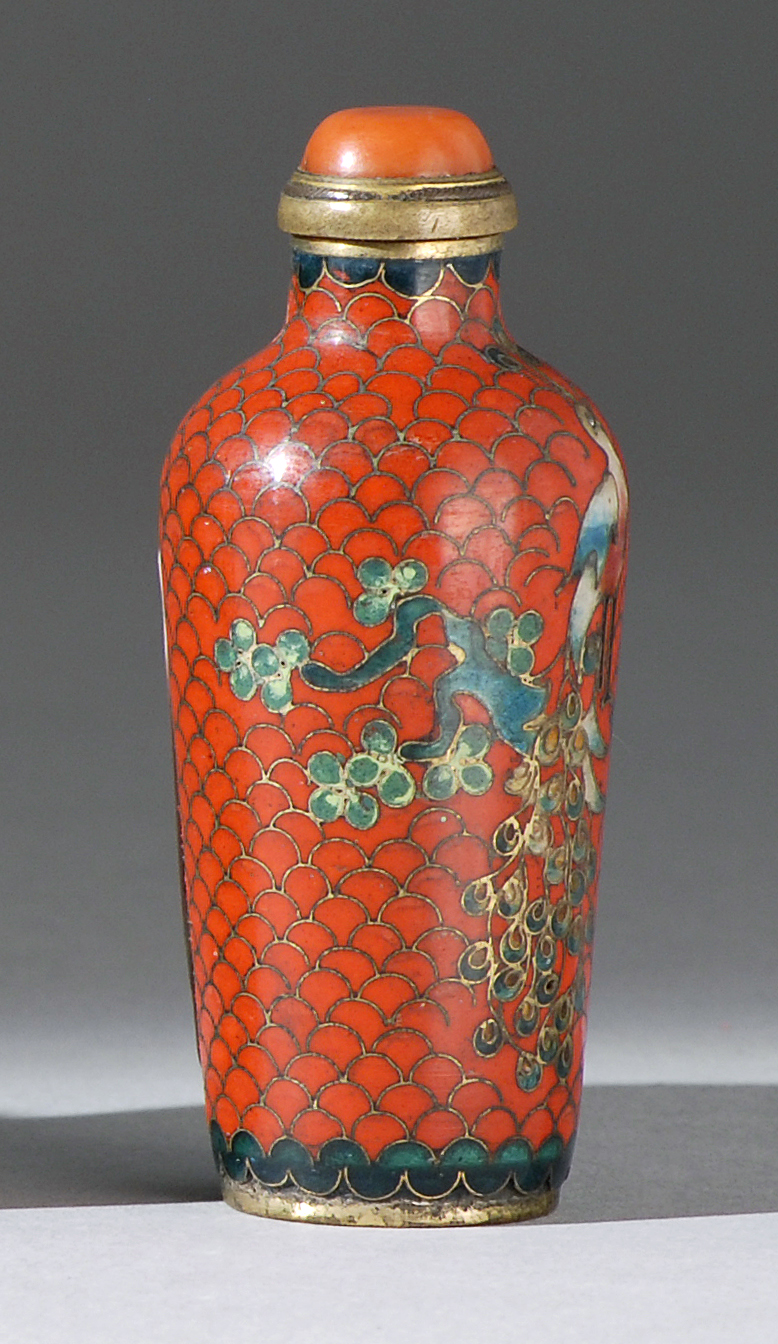 Appraisal: CLOISONN ENAMEL SNUFF BOTTLE Circa In temple jar form with