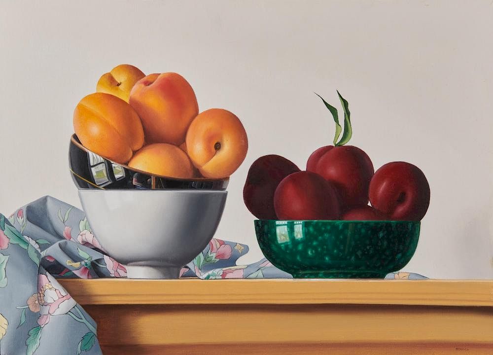 Appraisal: JAMES APONOVICH American b Still Life with Apricots and Plums