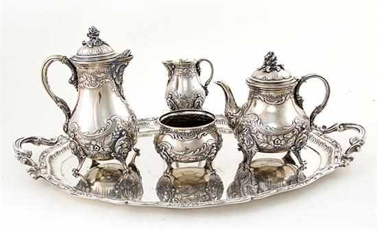 Appraisal: German silver tea and coffee service and waiter H Mau