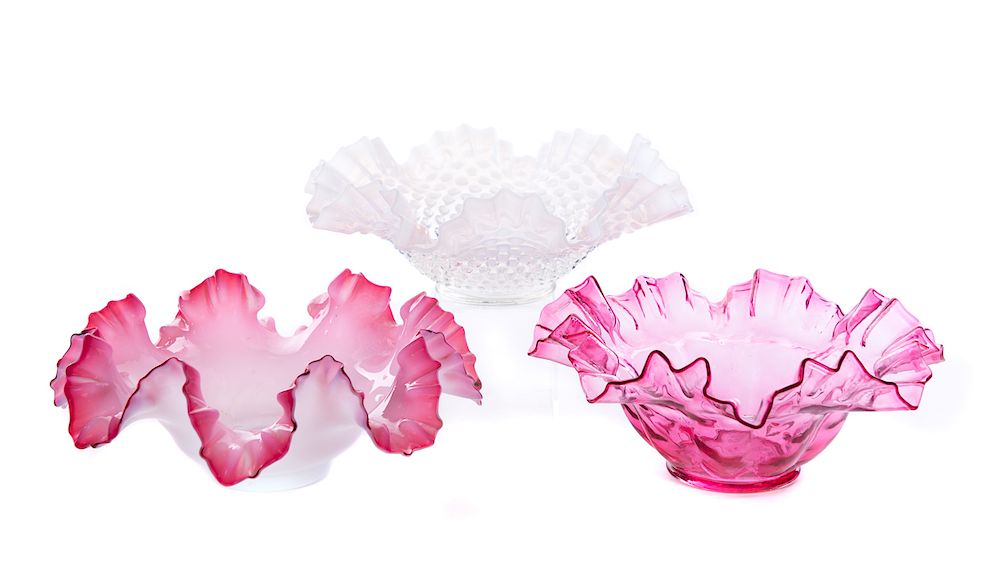 Appraisal: Three Art Glass Ruffle Baskets Cranberry and Hobnail Please Email