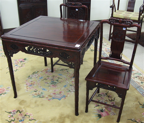 Appraisal: CHINESE ROSEWOOD CARD TABLE AND CHAIR SET comprising square-top table