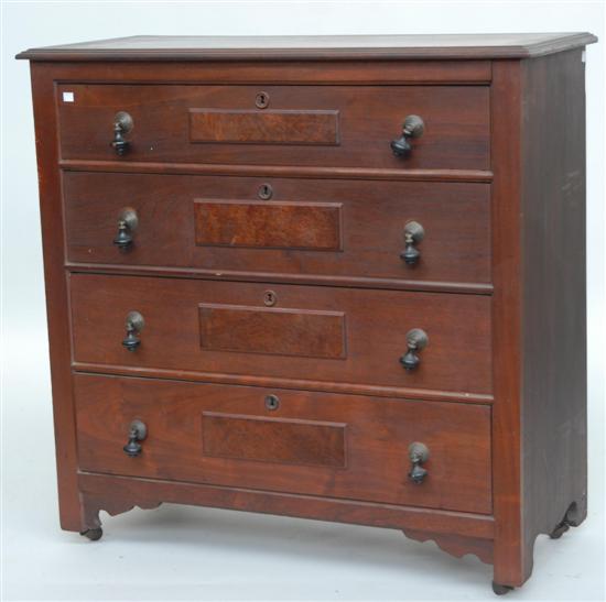 Appraisal: FOUR DRAWER WALNUT CHEST American CA with burled panels and