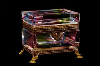 Appraisal: Scarce Rainbow Glass Footed Casket Box Moser Attributed to Moser