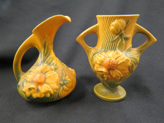 Appraisal: pcs Roseville Pottery Peony Vase Ewer yellow green - -