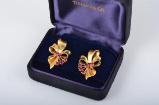 Appraisal: Tiffany Ruby Flower Earrings Circa 's Tiffany gold ruby flower