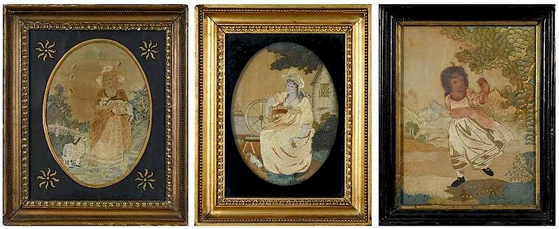 Appraisal: Three Framed British Silk Embroideries th century silk ink and