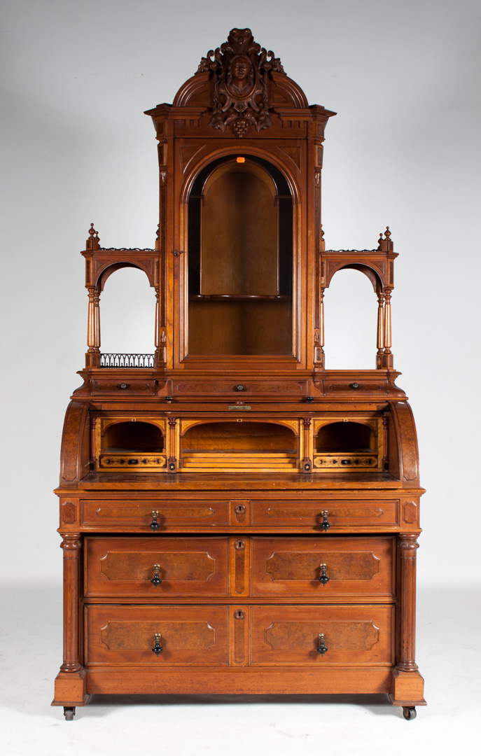 Appraisal: Elizabethan Revival walnut cylinder desk circa top section with grape