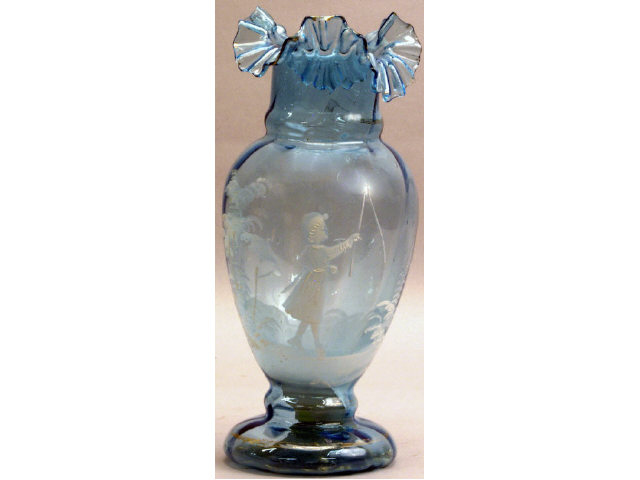 Appraisal: Original blue ruffled edge Mary Gregory vase measuring tall Estimate