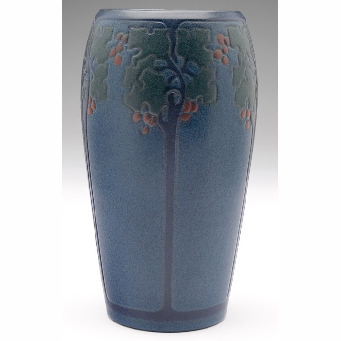 Appraisal: Marblehead vase tapered shape with carved stylized trees against a