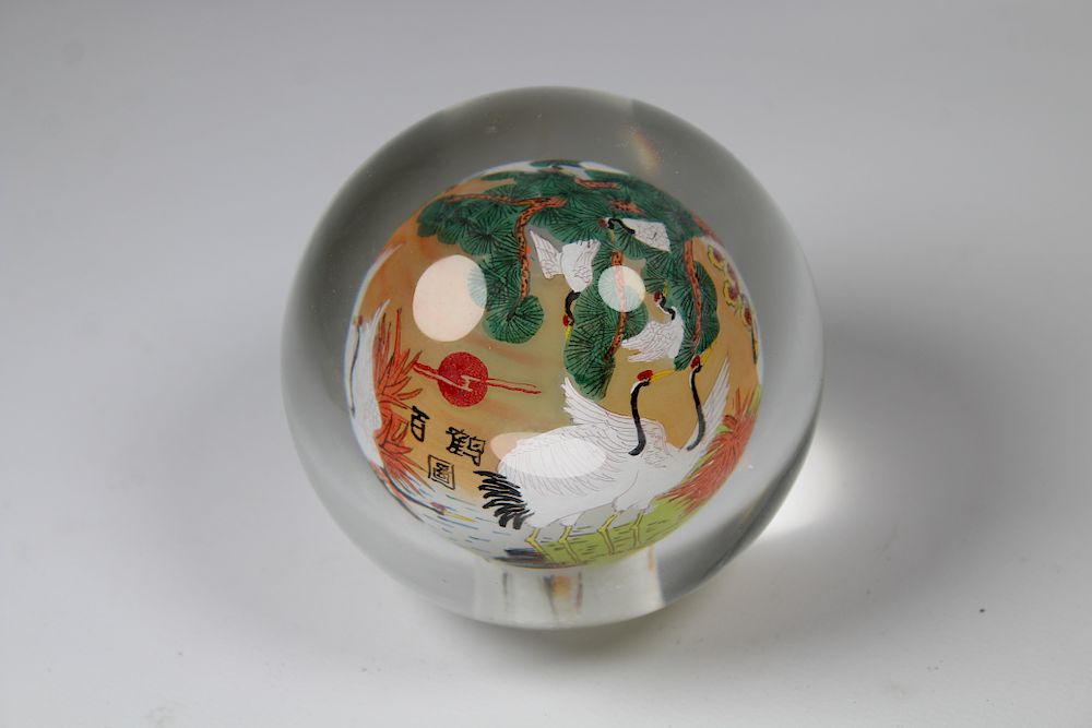 Appraisal: Vintage Chinese Reverse Painted Crane Paperweight Vintage Chinese Reverse Painted