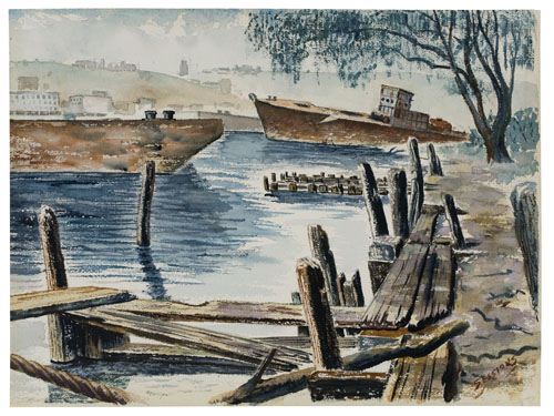 Appraisal: JAMES MILTON SESSIONS Harbor View with Boats Watercolor on white