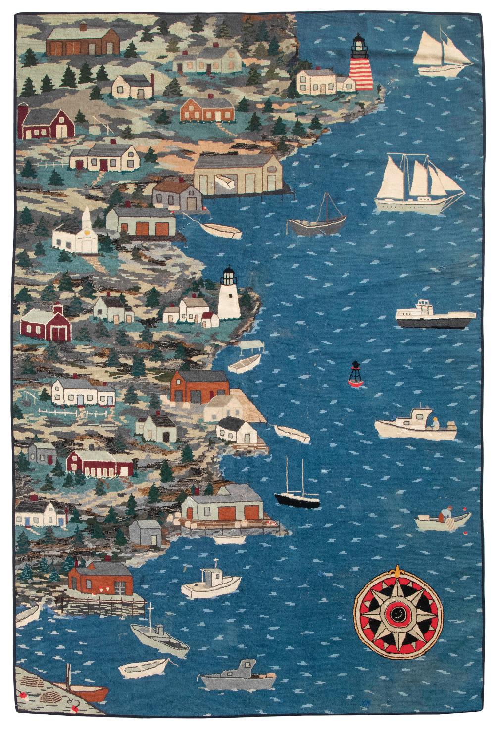 Appraisal: LARGE PICTORIAL HOOKED RUG DEPICTING CAMDEN MAINE CAMDEN MAINE CIRCA