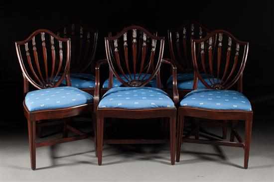 Appraisal: Set of six Potthast Bros Federal style mahogany shield-back upholstered