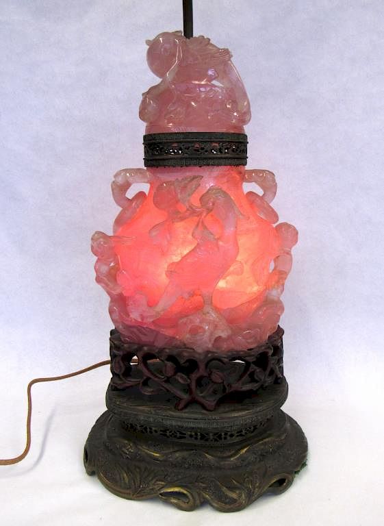 Appraisal: Carved Rose Quartz Vase Mounted as a Lamp Carved with