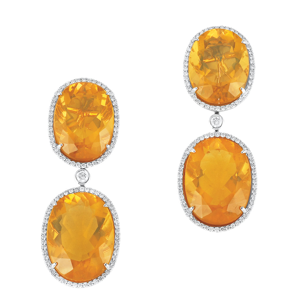 Appraisal: Pair of Gold Fire Opal and Diamond Pendant-Earrings oval fire