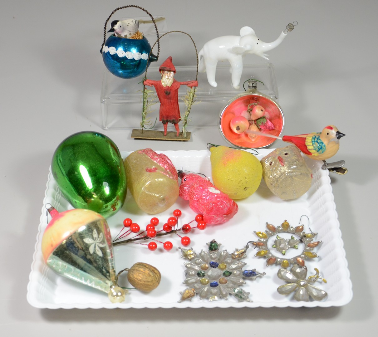 Appraisal: blown glass ornaments including Cotton Santa on swing tin ornament