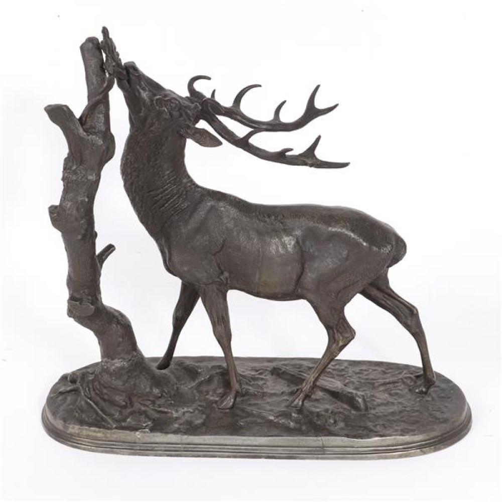 Appraisal: WHITE METAL SCULPTURE OF A STAG OR REINDEER BESIDE A